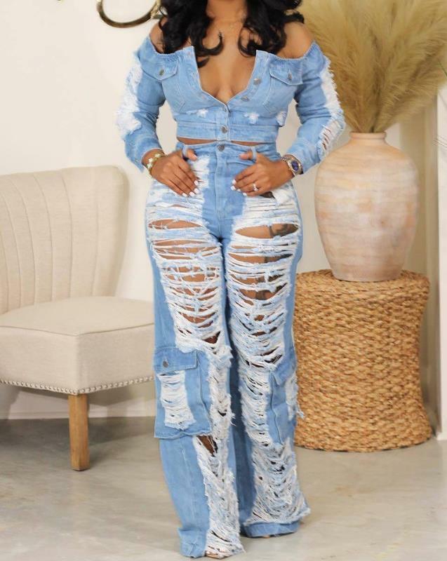Женские рваные джинсы с высокой талией и карманами