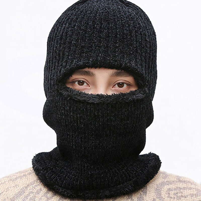 Hooded Hat Scarf Winter Knitted Hats Unisex Scarf Fleece Lining Winter Autumn Beanie Neck Warmer Scarf Fleece Men Hat Dropship