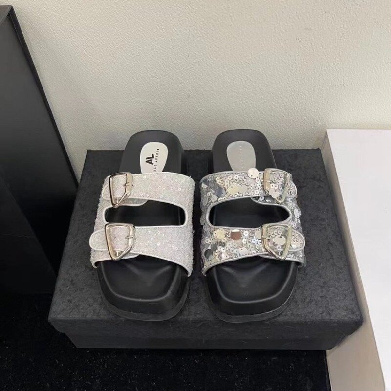 Comemore Thick Bottom Sequin Sandal Slippers Female Summer Outside Wear 2024 New Fashion Belt Buckle Slipper Flat Sandals Silver