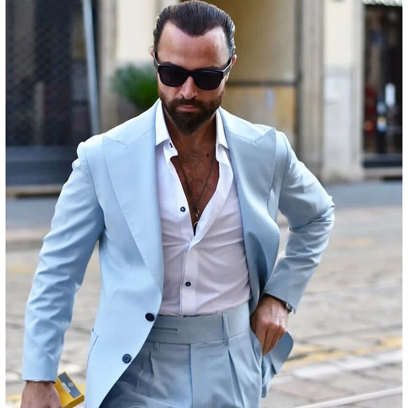 Garnitury męskie błękitny jednorzędowy klapa zamknięta zestaw na co dzień ślub, drużba (marynarka + spodnie) Slim Fit kostium Homme
