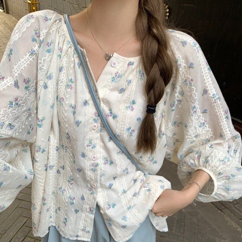 Women Shirts Floral Loose Fit Korean Fashion Sweet Lovely Girls All-match Long Sleeve Chic Casual Popular Spring Tops Cozy Ins