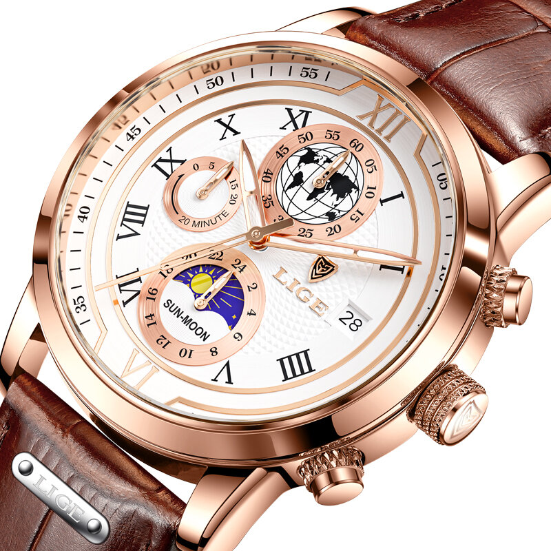 Lige relógios de couro para homens moda criativa luminosa grande dial com cronógrafo relógio masculino casual à prova dwristágua quartzo wristwatc