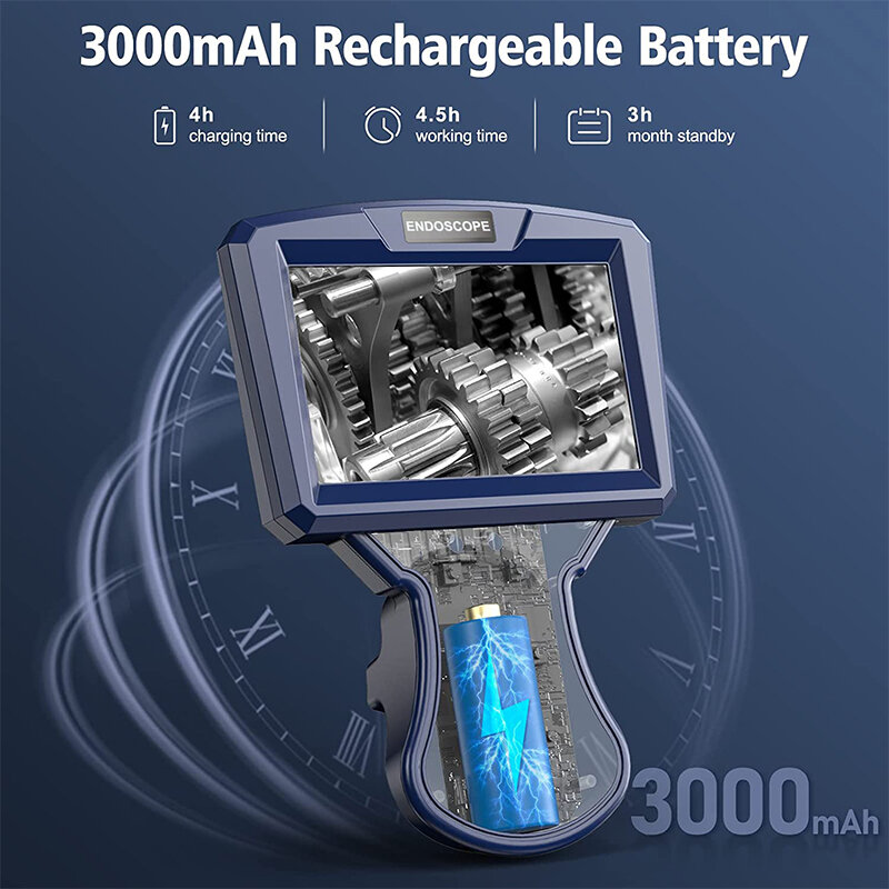 Kamera endoskopi pipa industri rotasi 200 °, layar IPS HD 360 W, kamera endoskopi mesin mobil inspeksi lensa ganda tahan air