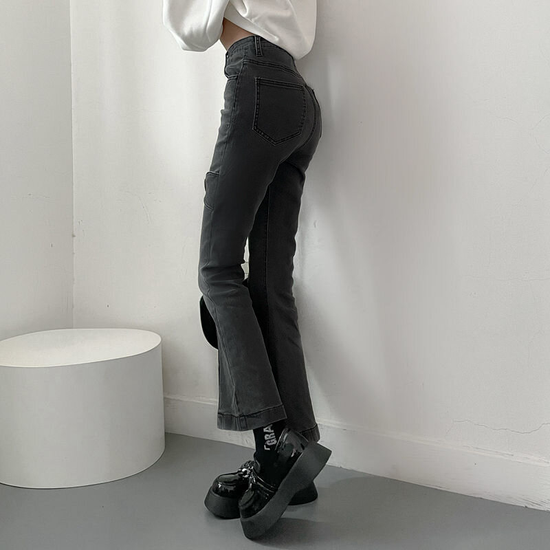 Jeans para Mulheres Vintage Black Denim Flare Calças Streetwear Cintura Alta Slim Mãe Calças Harajuku Y2K Calças