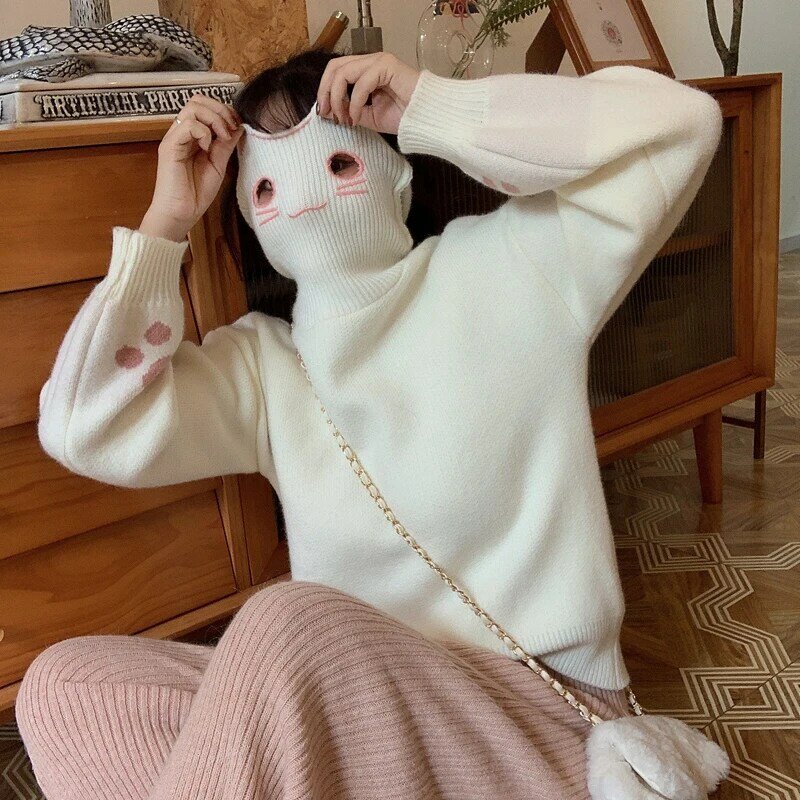 Suéter de cuello alto suelto bordado de gato Lolita dulce para mujer, abrigo de punto japonés Kawaii Ulzzang, jerséis Harajuku para mujer