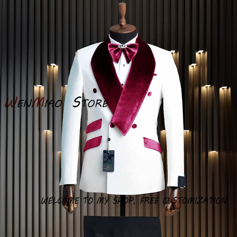 Made Double Breasted Men Suit 2 Pieces White Jacquard Wedding Suits for Men 2023 Slim Fit Groom Tuxedos Elegant Suit