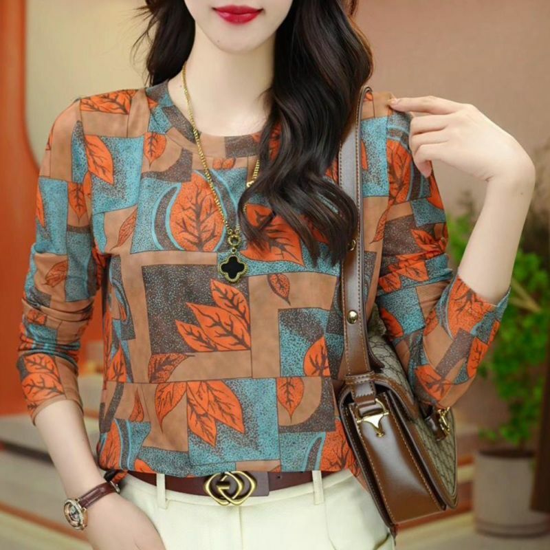 Camiseta minimalista de manga larga con cuello redondo para mujer, camisa informal ajustada con estampado de contraste de Color, Top elegante, primavera y otoño, novedad