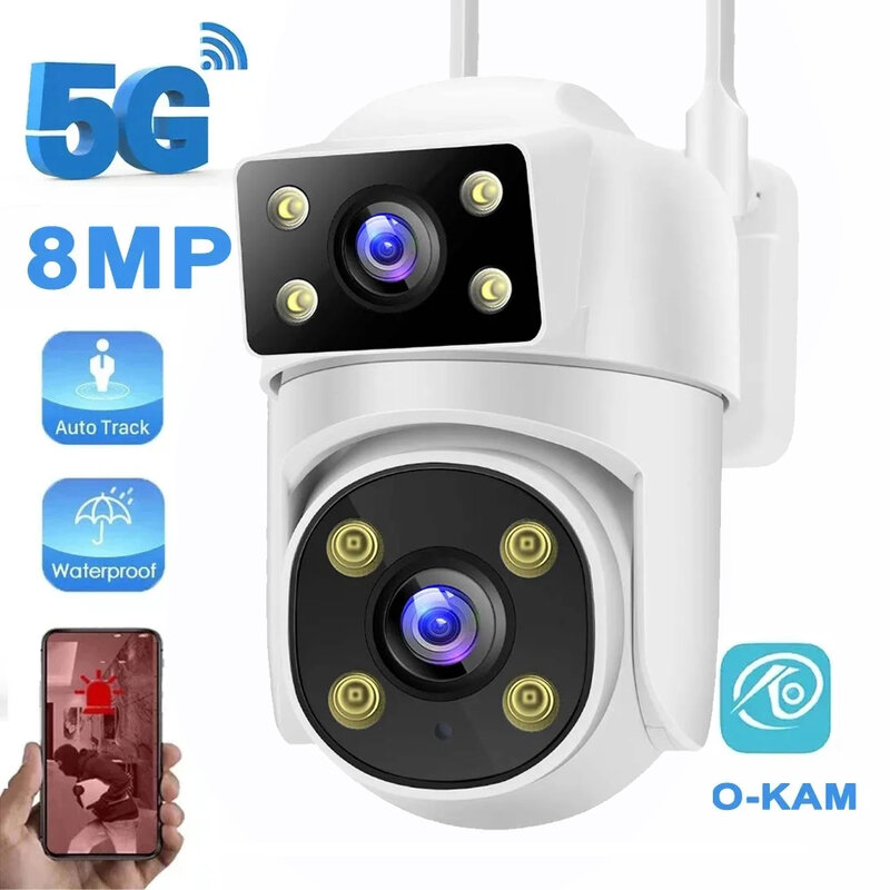 4K 8MP OKAM 5G 2.4G podwójny obiektyw kamera monitoringu wi-fi podwójne ekrany 4MP kolorowa noktowizor dwukierunkowa kamera nadzór zewnętrzny Audio