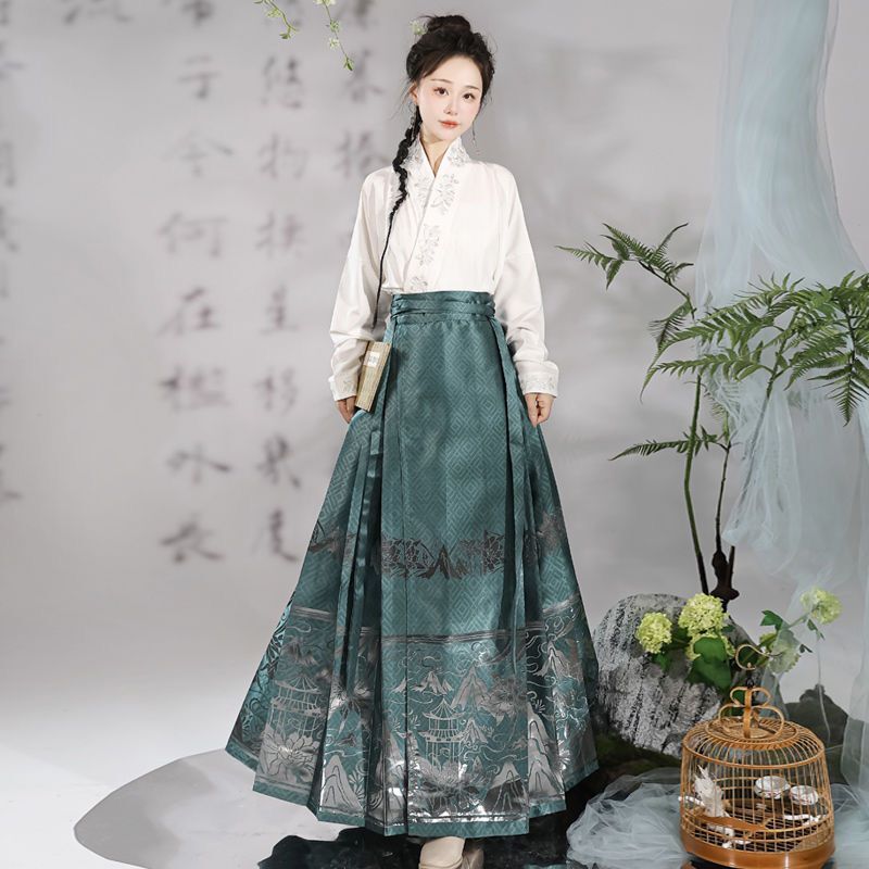 Rok wajah kuda Hanfu ditingkatkan wanita rok lipit Hanfu tenun tradisional Tiongkok set hijau biru hitam ukuran Plus