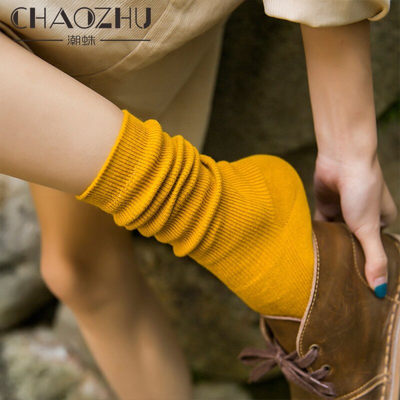 CHAOZHU ญี่ปุ่นเกาหลี High School Girls ถุงเท้าหลวมสีทึบคู่เข็มเข็มถักผ้าฝ้ายถุงเท้ายาวสำหรับสตรี