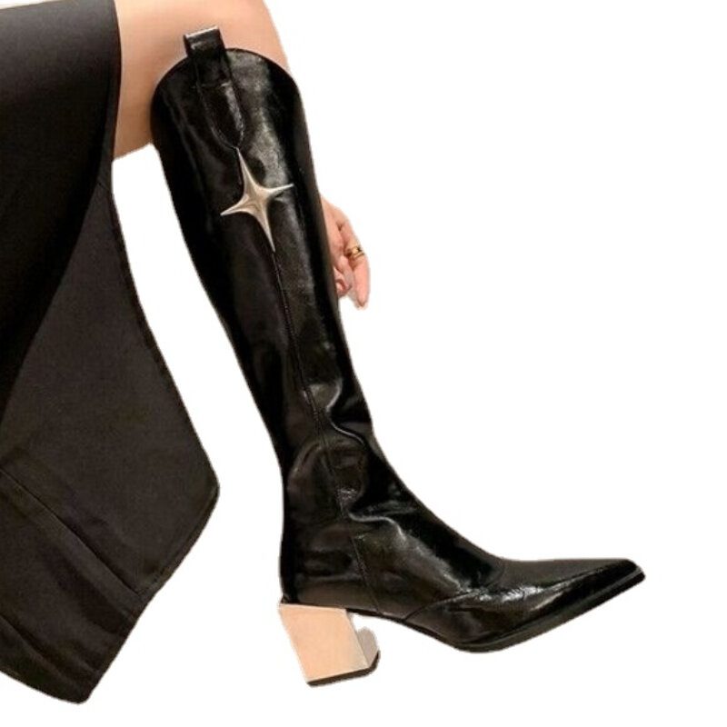 Женские сапоги с острым носком, черные сапоги до колена в стиле панк на квадратном каблуке, с металлической молнией, на высоком каблуке, Осень-зима