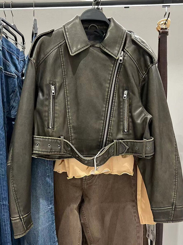 Chaqueta corta de piel sintética para mujer, abrigo Vintage holgado con cinturón, ropa de calle con cremallera, estilo Retro, para motociclista, 2023