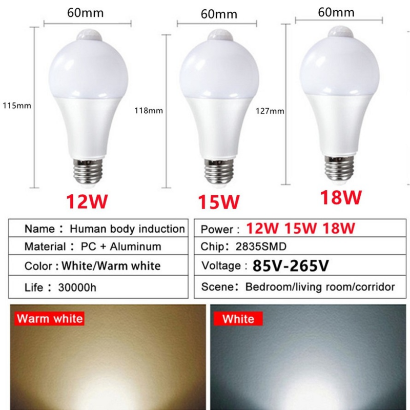 VnZzo-PIR Motion Sensor Lâmpadas LED para gabinete, luz noturna, escada, caminho, corredor, lâmpadas de emergência, E27, 85V-265V, 12W, 15W, 18W