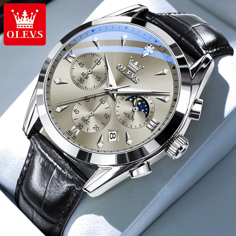 OLEVS Luxury Men's Watches Leather Strap Waterproof Luminous Chronograph Moon Phase Man Watch Top Original Quartz Watch for Men