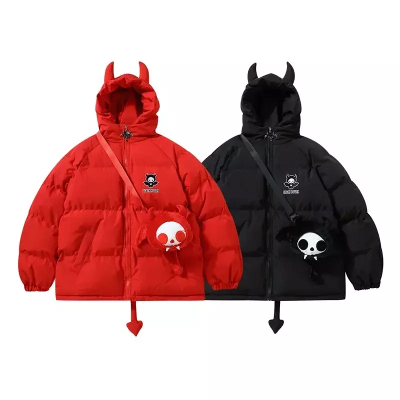 Little Devil Cartoon Parka With Wings And Tail Creative High Street Winter Warm Down Y2K Jacket Couple Loose Hooded Bubble Coat