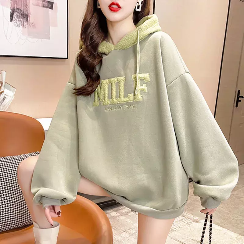 Lamswol Hoodies Dames Fleece Oversized Koreaanse Stijl Sweatshirts Dames 2024 Herfst Meisjes Casual Pullovers