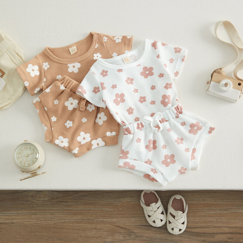 VISgogo 2 pezzi vestiti della neonata abiti estivi manica corta Waffle Knit stampa floreale t-shirt pantaloncini con coulisse 0-18 mesi Set