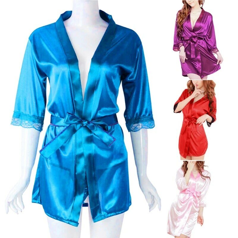 Kurzer Damen-Bademantel Kimono-Stil mit V-Ausschnitt, einfarbiger Morgenmantel, Braut-Party-Robe