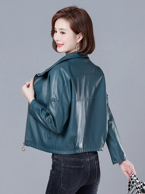 New Women Sheep Leather Jacket Spring Autumn Fashion Stand Collar Casual Loose Split Leather Outerwear Short Leather Coat