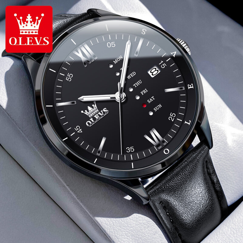 OLEVS-Marca de Luxo Masculina Relógio Quartz, Couro, Impermeável, Calendário, Moda, Design de Semana, Homens De Negócios Relógios