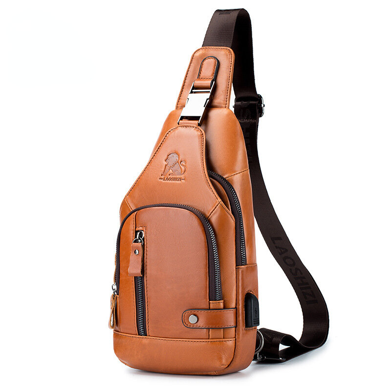 Cowhide Men's Leather Chest Bag Men's Casual Crossbody Bag USB First Layer Cowhide Brown Black Single Shoulder Bag Business