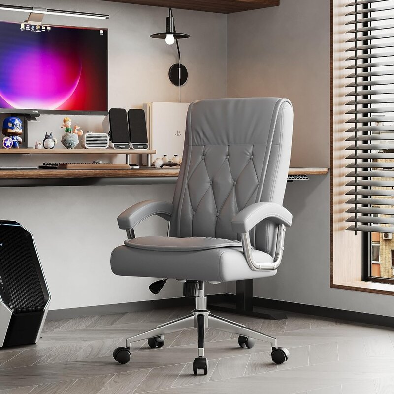 Kursi kantor eksekutif kulit dengan lengan dan roda, kursi meja komputer ergonomis punggung tinggi dapat disesuaikan meja kantor putar tinggi