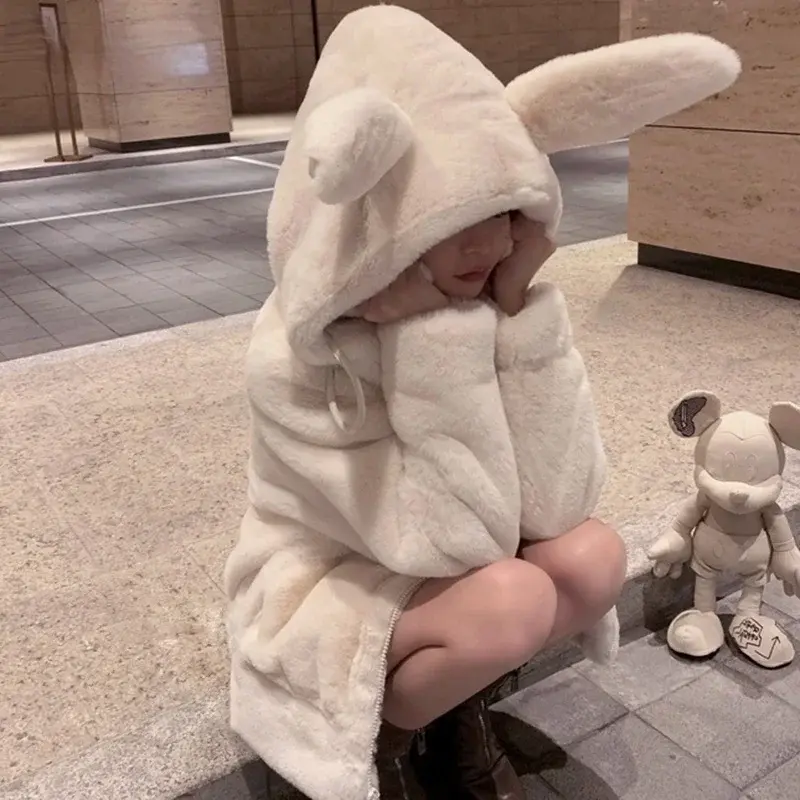 2023 damska Plus aksamitna wyściełana kurtka zimowa Oversized miękkie Harajuku Kawaii z kapturem królik uszy pluszowy Faux kaszmirowy płaszcz