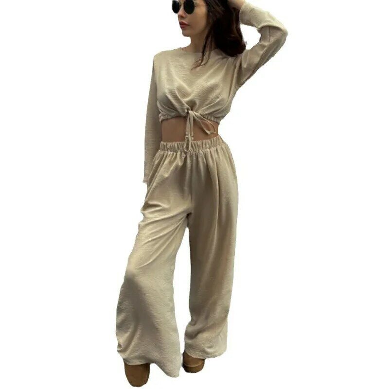2 Piece Sets Womens Outfits Lace-up Short Long-sleeved Top and Wide Leg Pants Set  Two-piece Trousers Fashion Solid Women's Set