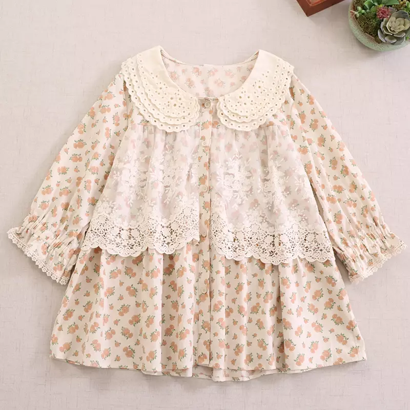 Summer Japanese Sweet Mori Girl Style Lace Spliced Floral Print Shirt Women Peter Pan Collar Half Sleeve Single Breasted Blouse