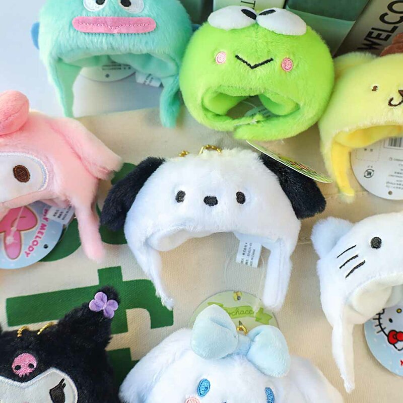 Cartoon Sanrio Plush Head Cover Pendant Kuromi Melody Kitty Purin Cinnamoroll Plush Keychains Backpack Ornaments Kids Girl Gift