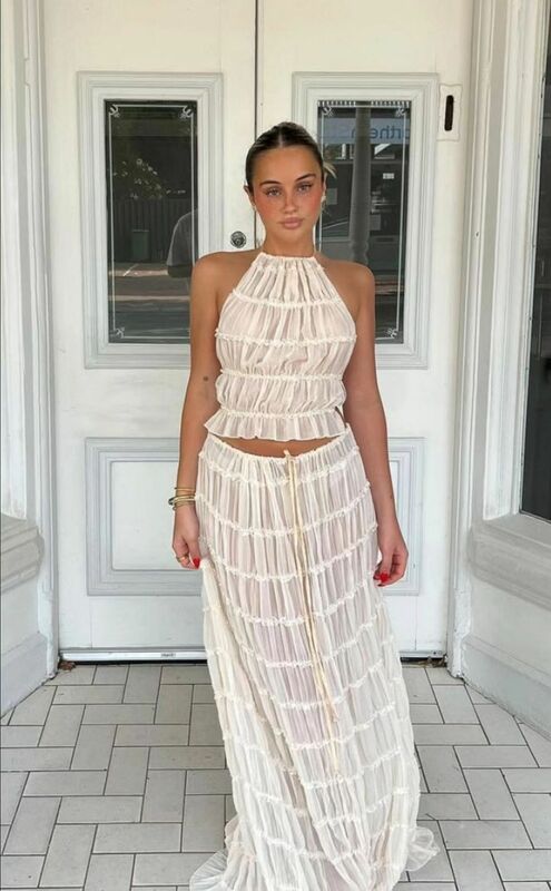 New Folds Long Skirt Set For Women Sexy Sleeveless Backless Cropped Halter Tops Drawstring Long Skirts Summer 2 Pieces Sets 2024