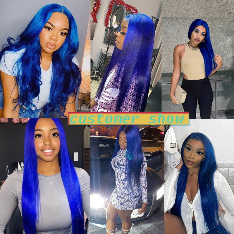 Blue Color 13x4 Lace Front Wigs PrePlucked Colored Blue 180% Density Brazilian Remy Straight Human Hair Wigs for Women