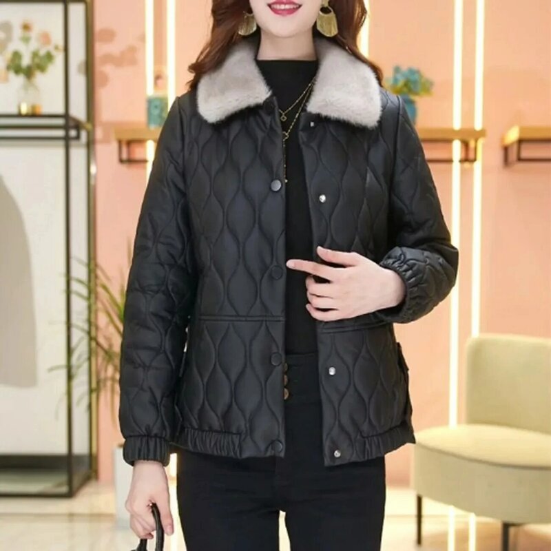 Unbreakable PU Leather Coat No Wash Down Cotton Jacket Women Autumn Winter Fashion Thick Black Short Faux Leather Overcoat M-5XL