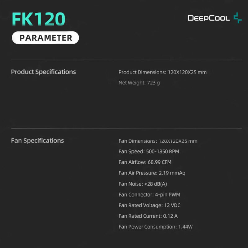 DeepCool-Ventilateur de châssis FK120, refroidisseur de processeur, contrôle PWM dans le système de refroidissement liquide, dissipateur thermique CPU, 1850mm, 120 tr/min
