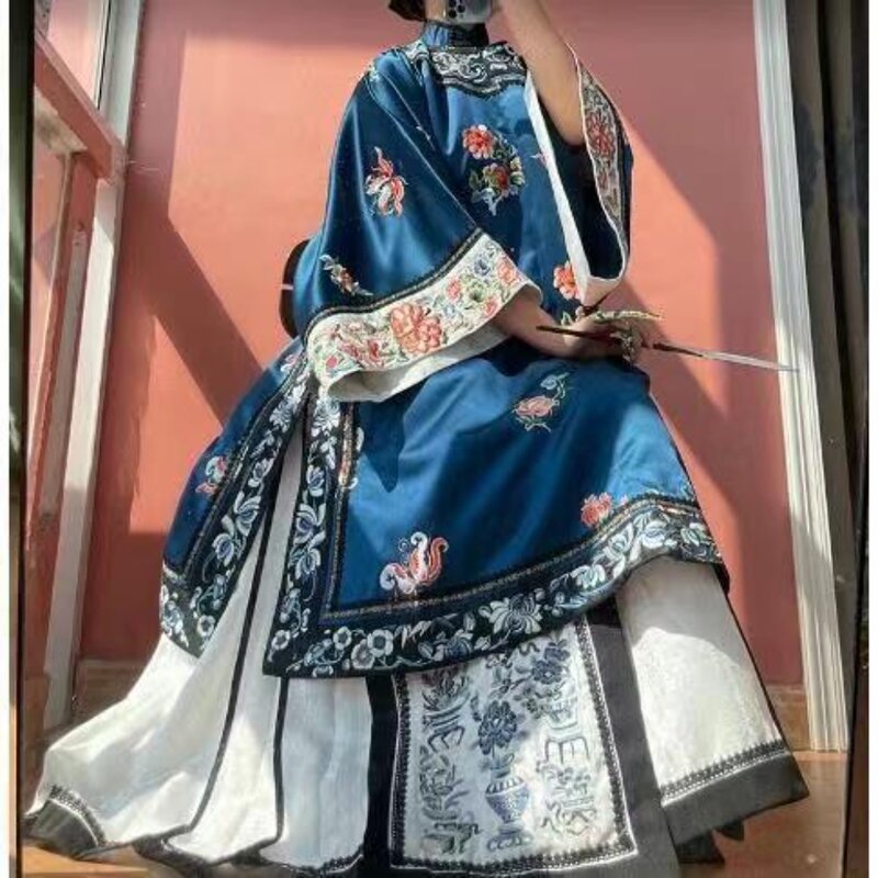 Ropa Hanfu China Oriental para mujer, capas de la dinastía Qing de finales, azul y rojo, Top tradicional chino, disfraces de Halloween