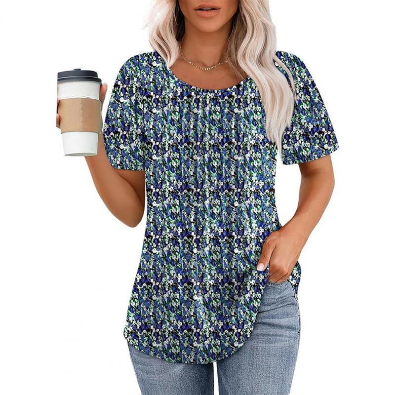 Camiseta holgada con cuello redondo para mujer, Top plisado informal de colección, Tops elegantes de verano, Color sólido