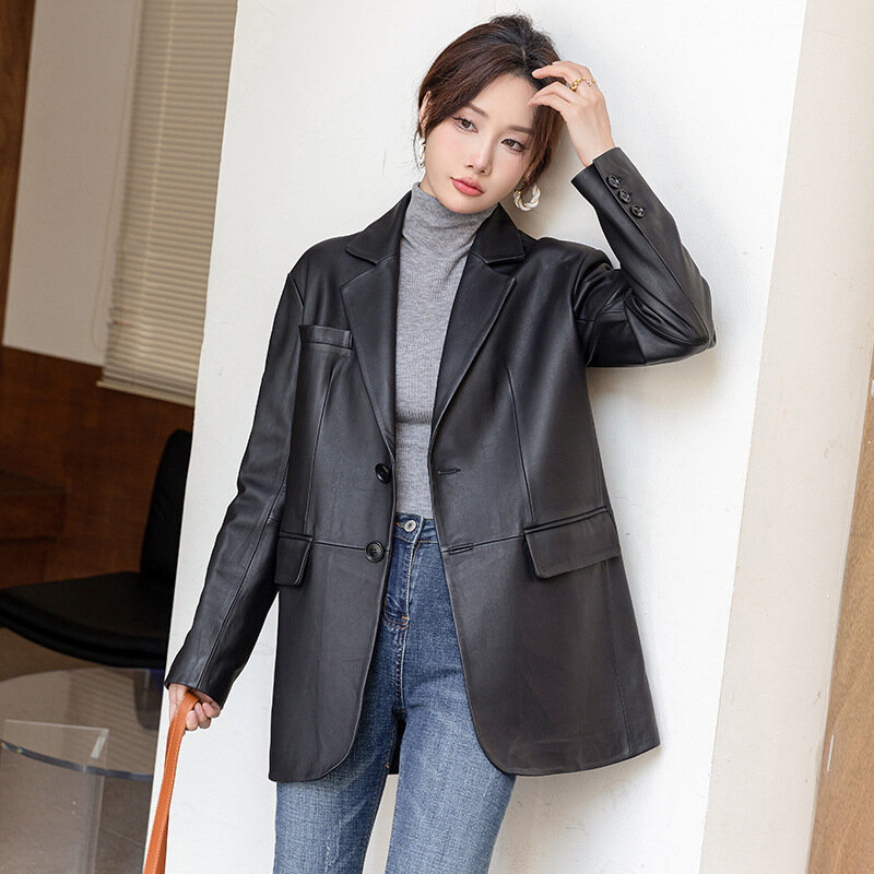 Fashion Genuine leather jacket for women,spring/autumn  new sheep leather mid length suit,loose fitting jacket