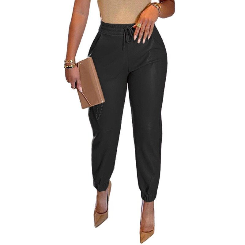 กางเกงลำลองหนัง PU แข็งแรงสำหรับผู้หญิงใหม่กางเกงแฟชั่นมีกระเป๋าเชือกรูดดีไซน์ busana Casual สำหรับผู้หญิง