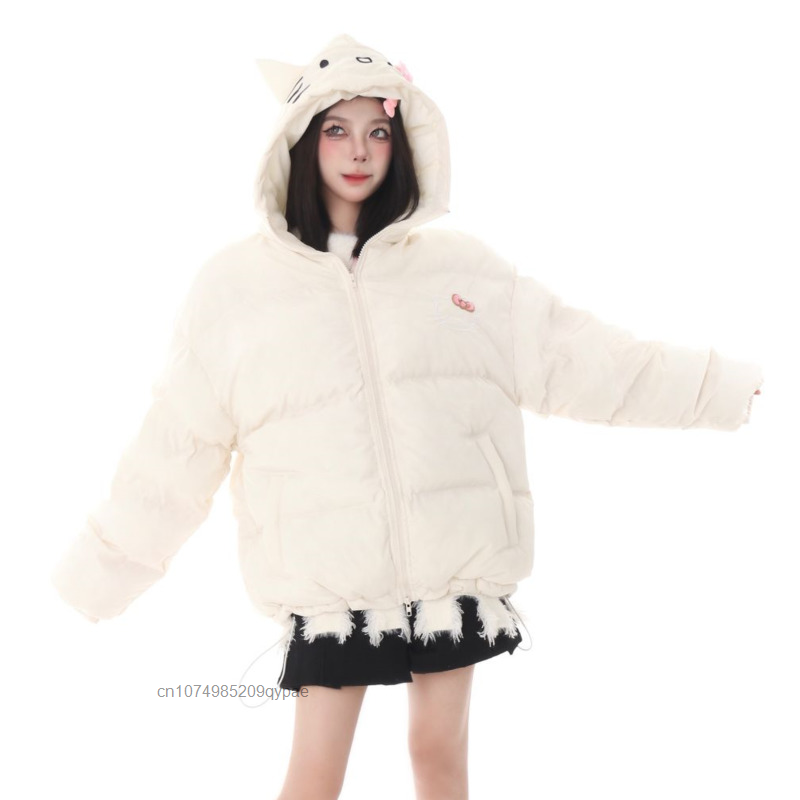 Sanrio Hello Kitty Coat Women Thickened Cotton Clothes Winter New Female Tops Y2k Sweet Zippers Cardigan Preppy Bread Clothing