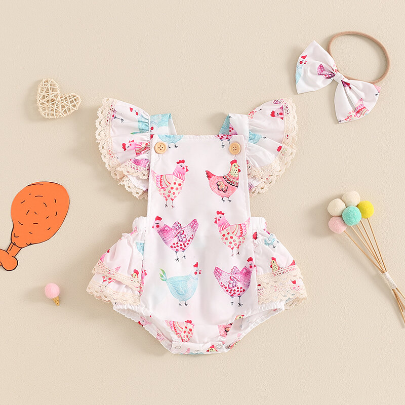 2024-04-03 lioraitiin Toddler Baby Girl Summer Outfit, Rooster Print Lace Trim Square Neck Fly Sleeve Romper Bow Headband Set