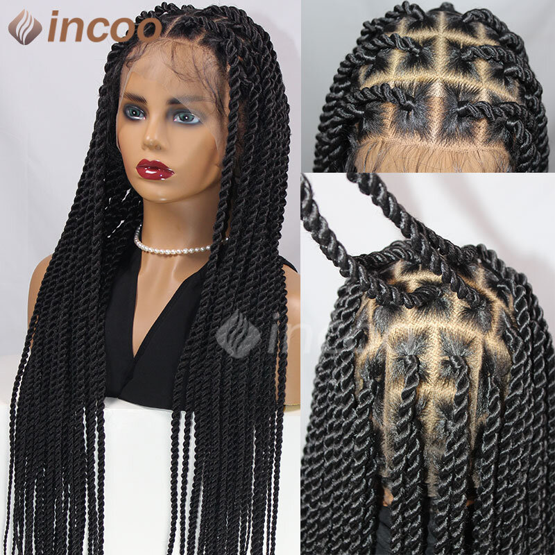 Synthetic Full Lace Front Braided Wigs Square Senegalese Knotless Twist Box Braided Wig 36" Lace Braiding Wig For Black Women