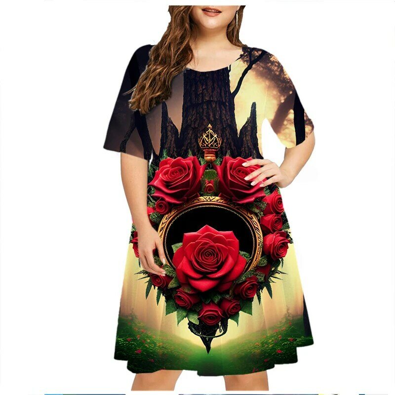 Robe d'été à manches courtes pour femme, tenue de soirée, de plage, imprimé de fleurs roses, style gothique, streetwear, grande taille 6XL