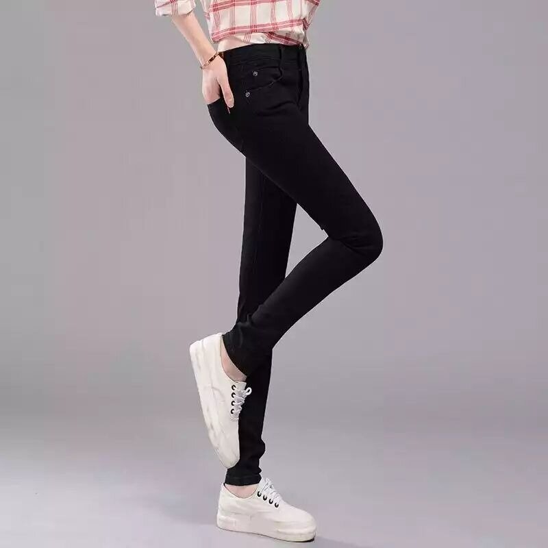 Jeans preto e magro feminino, estilo coreano, buracos de emagrecimento, calça esticada, calça apertada, nova, primavera e outono, 2024