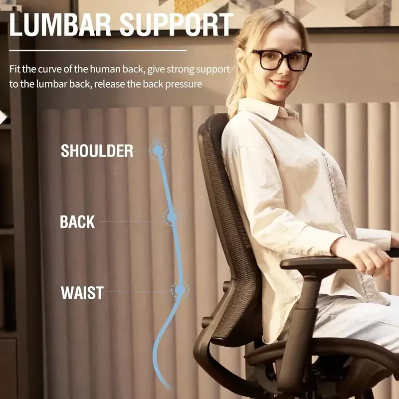 Kursi kantor jaring ergonomis ELABEST, kursi tugas kokoh-penyangga pinggang & sandaran lengan dapat disesuaikan, kursi meja komputer, fungsi kemiringan