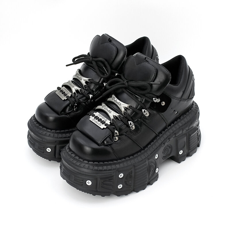 Sapatos de plataforma com cordões estilo punk para mulheres, altura do salto 6cm, botins góticos, tênis rock, decoração de metal, novo
