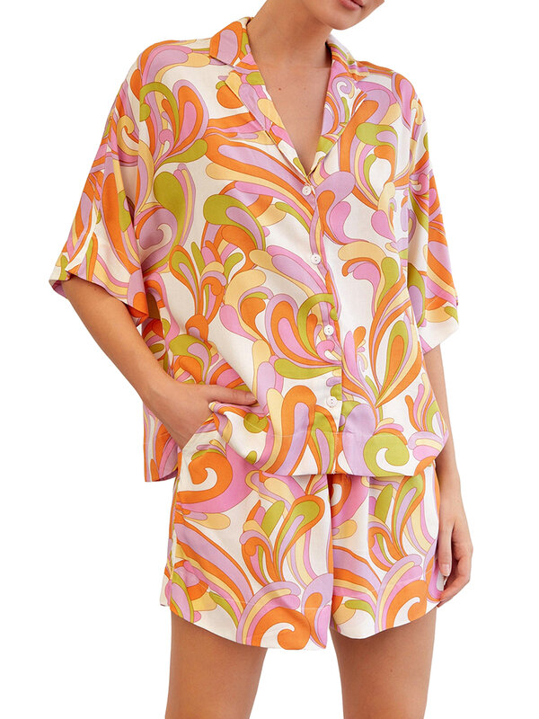 Frauen drucken Pyjama-Sets Kurzarm Revers Knopf T-Shirt Tops Kordel zug elastische Taille Shorts Lounge-Set 2-teilige Outfits