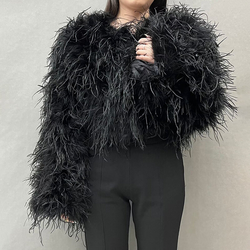Jaqueta de penas de avestruz real para mulheres, casaco feminino com corte natural, casacos de pele de inverno, S5582, 2024