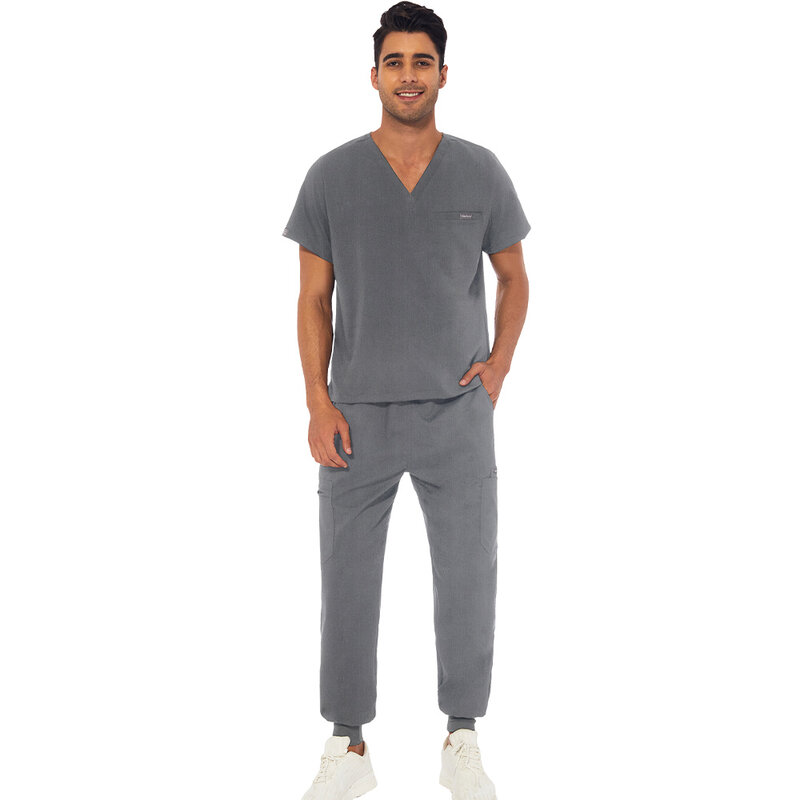 Saku Pria Seragam Perawat Lengan Pendek V-neck Scrub Atasan Baju Kerja Dokter Seragam Celana Scrub Medis Set Blus