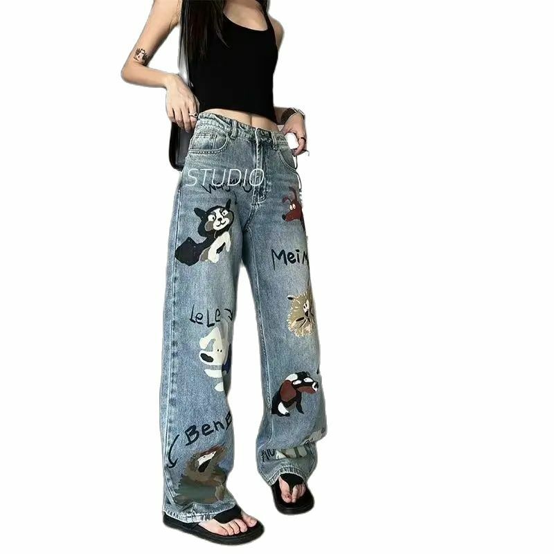 Jeans Cartoon Print Herbst Winter neue Baggy Frau American High Street Straight Tube Damen Jeans Frauen Hosen hohe Taille