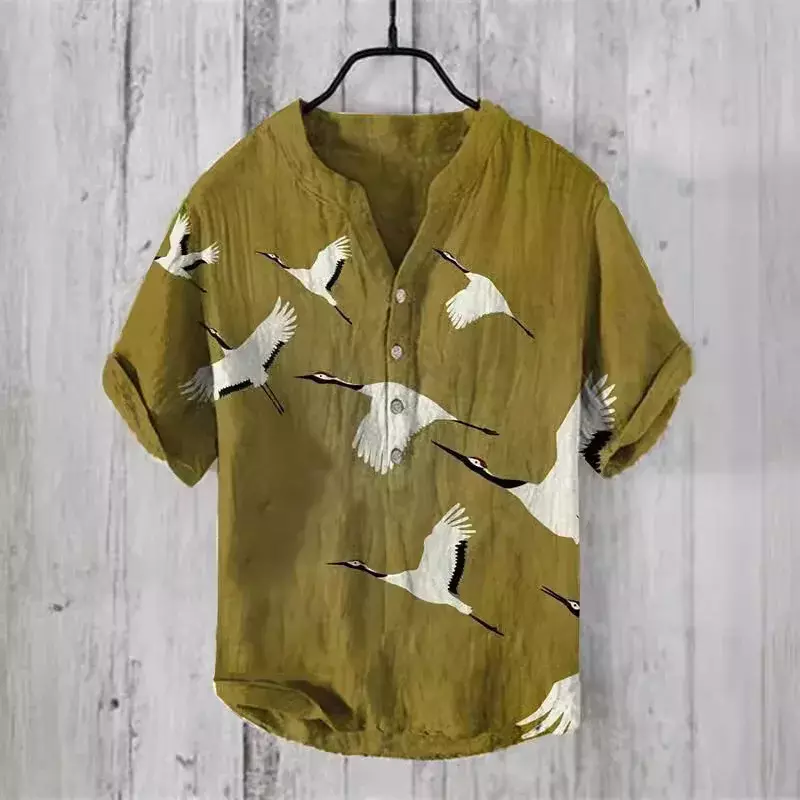 Camisa de manga curta havaiana masculina, linho de bambu estampado em 3D, pulôver casual solto, camisa abotoada, nova, 2024